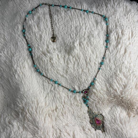 Betsey Johnson Necklace Bohemian-Style Crystal Rhinestone Peacock Feather Beaded - Picture 3 of 9